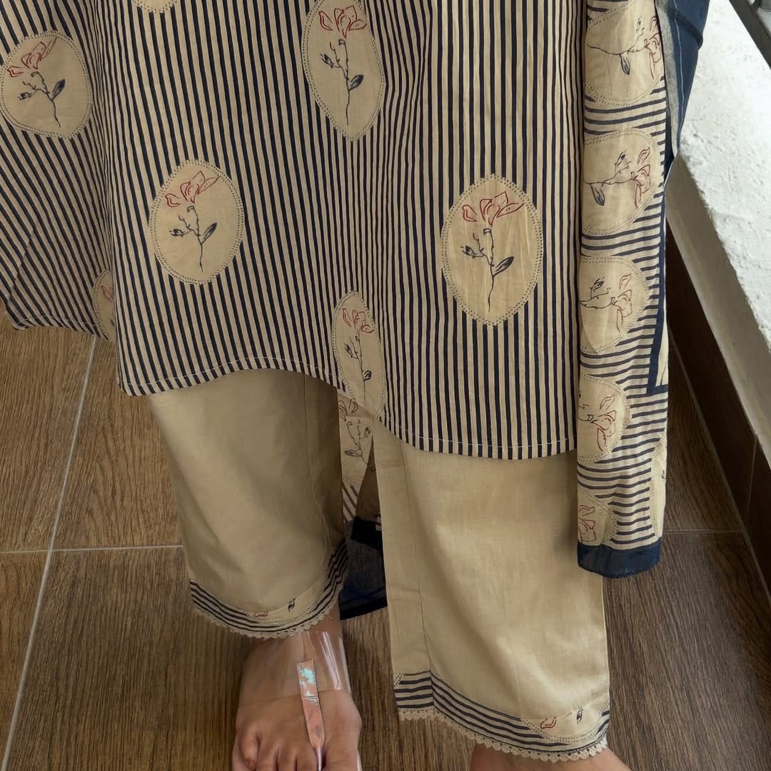 Elegant Beige & Navy Blue Printed Cotton Kurta Pant Set with Dupatta (nama001)