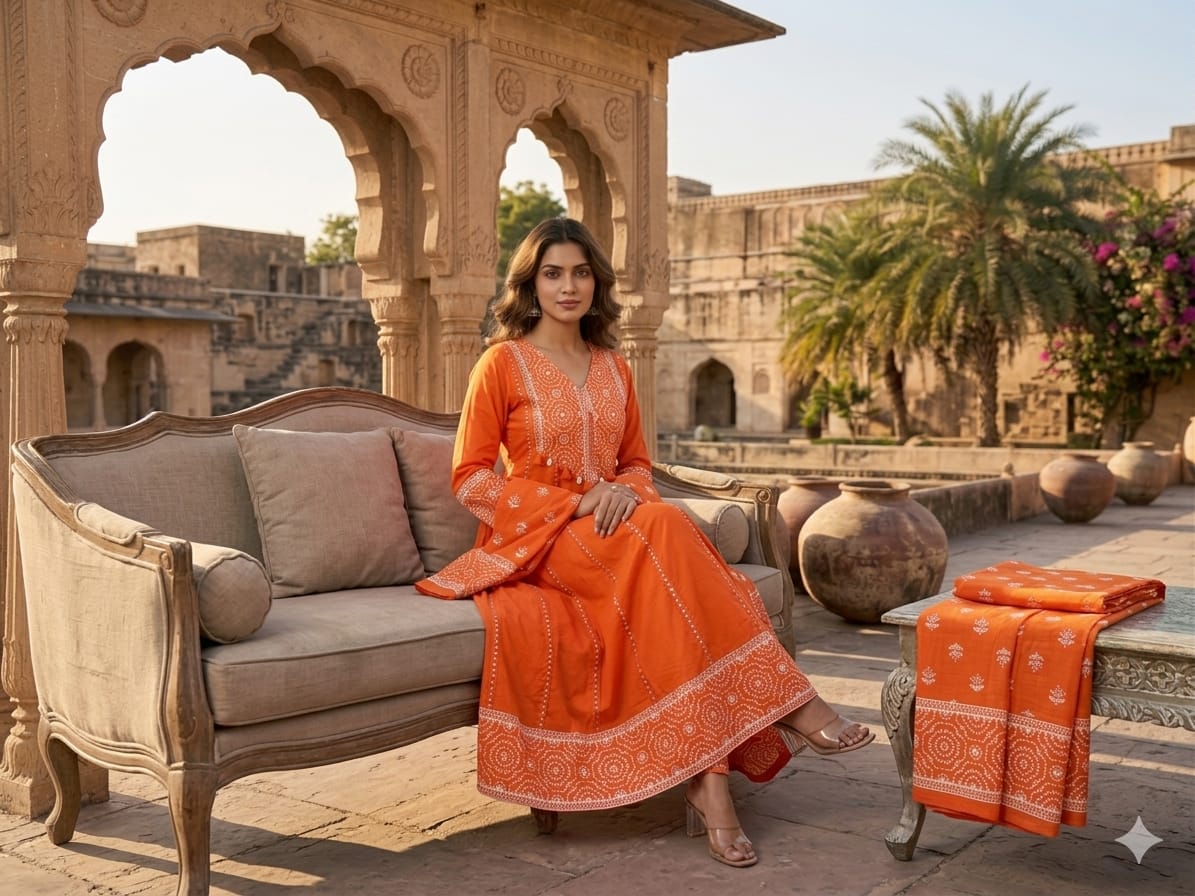 Elegant Printed Cotton Anarkali Kurta Pant Dupatta Set with Sequence Work (AJMD02)