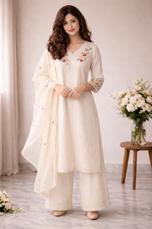Elegant Off White Embroidered Kurta Set with Floral Design and Soft Dupatta (BMNM07)