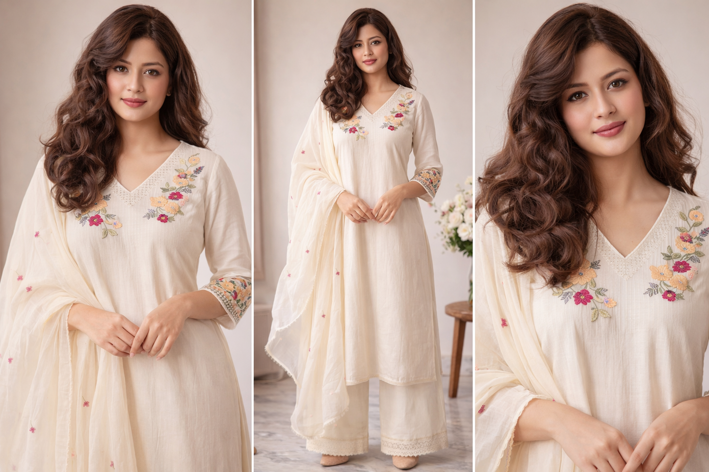 Elegant Off White Embroidered Kurta Set with Floral Design and Soft Dupatta (BMNM07)