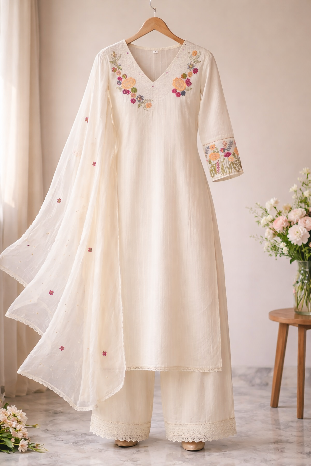 Elegant Off White Embroidered Kurta Set with Floral Design and Soft Dupatta (BMNM07)