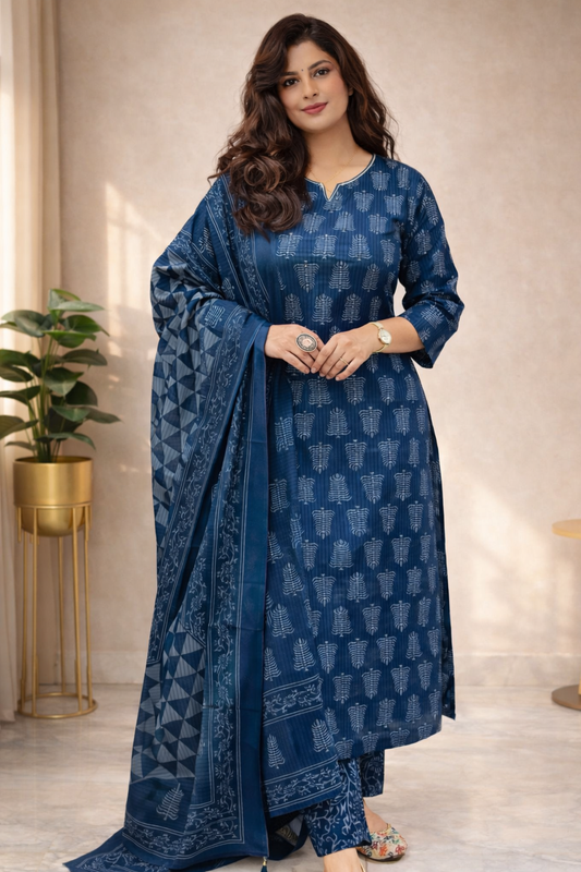 Premium Navy Blue Ethnic Suit Set with Unique Prints and Soft Dupatta (BMNM08)