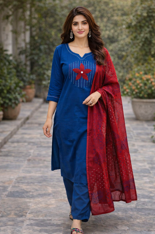 Elegant Navy Blue Kurta Set with Red Dupatta – Stylish Ethnic Wear for Festive and Casual Occasions (BMDZ01) (01)