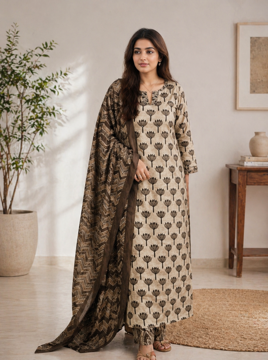 Elegant Beige Floral Kurta Set with Printed Dupatta – Timeless Ethnic Style for Everyday Comfort and Graceful Look (BMNAM09)
