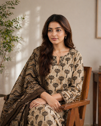Elegant Beige Floral Kurta Set with Printed Dupatta – Timeless Ethnic Style for Everyday Comfort and Graceful Look (BMNAM09)