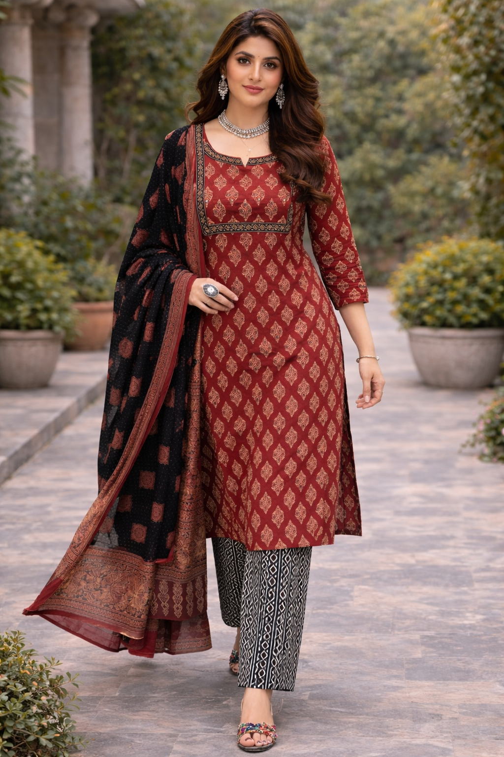 Elegant Maroon Printed Kurta Set with Designer Dupatta – Perfect Ethnic Wear for Festive and Casual Occasions (BMDZ02)