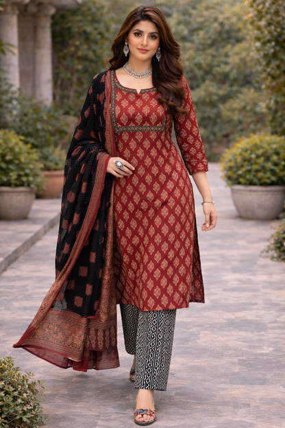 Elegant Maroon Printed Kurta Set with Designer Dupatta – Perfect Ethnic Wear for Festive and Casual Occasions (BMDZ02)