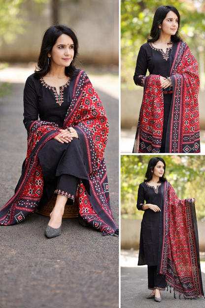 EMBROIDERY SET WITH PATOLA KHADI SILK DUPATTA PERFECT FOR ALL OCCASIONS (BMKF001)