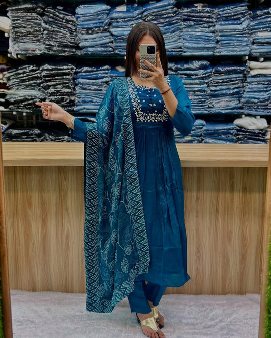Pure Cotton60-60 super dyeing kurta with beautiful emb neck yoke & cotton pant with  full chandri digital print dupatta.(MD-12)