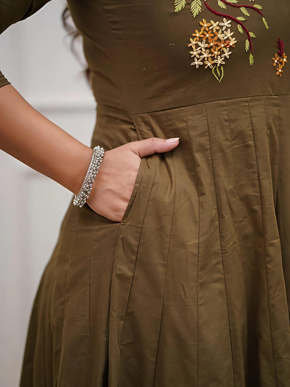 Elegant Olive Green Embroidered Anarkali Kurta Set with Printed Dupatta(BMSK47)