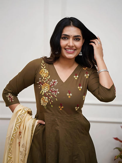 Elegant Olive Green Embroidered Anarkali Kurta Set with Printed Dupatta(BMSK47)