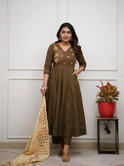 Elegant Olive Green Embroidered Anarkali Kurta Set with Printed Dupatta(BMSK47)