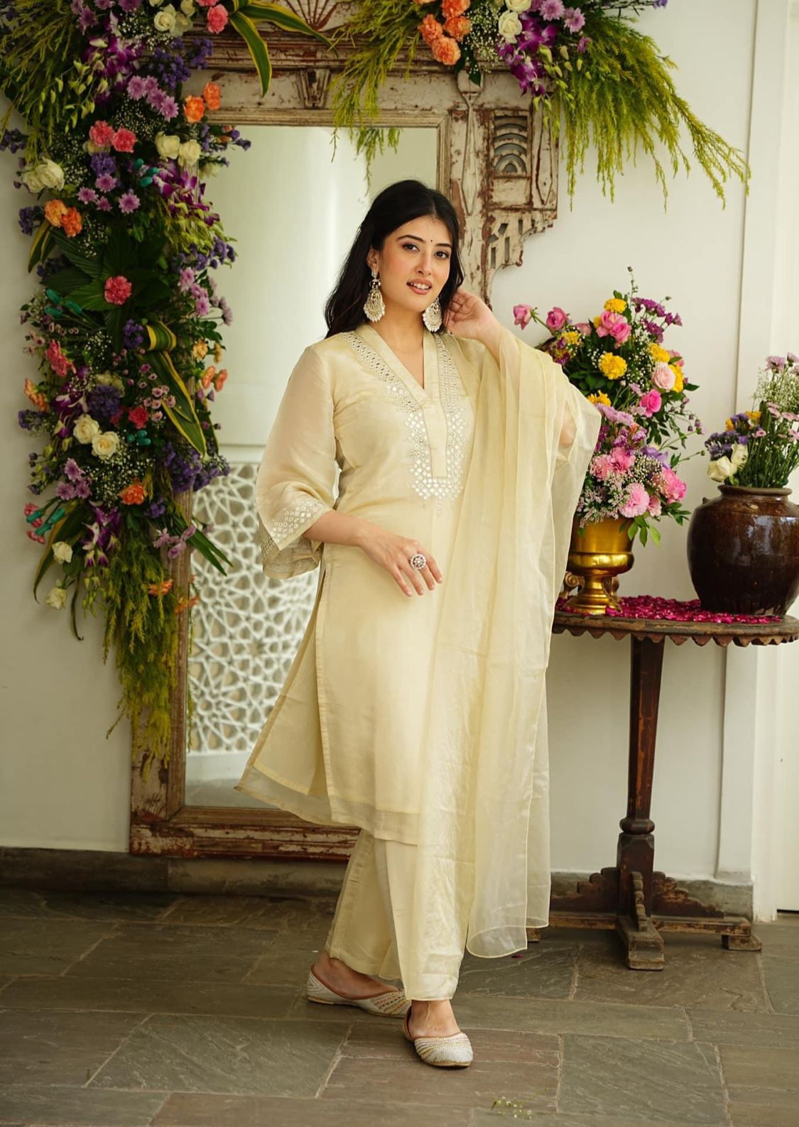 Soft  chanderi  Kurta with  foil mirror work embroidery  attached  lining cotton (NMC01)