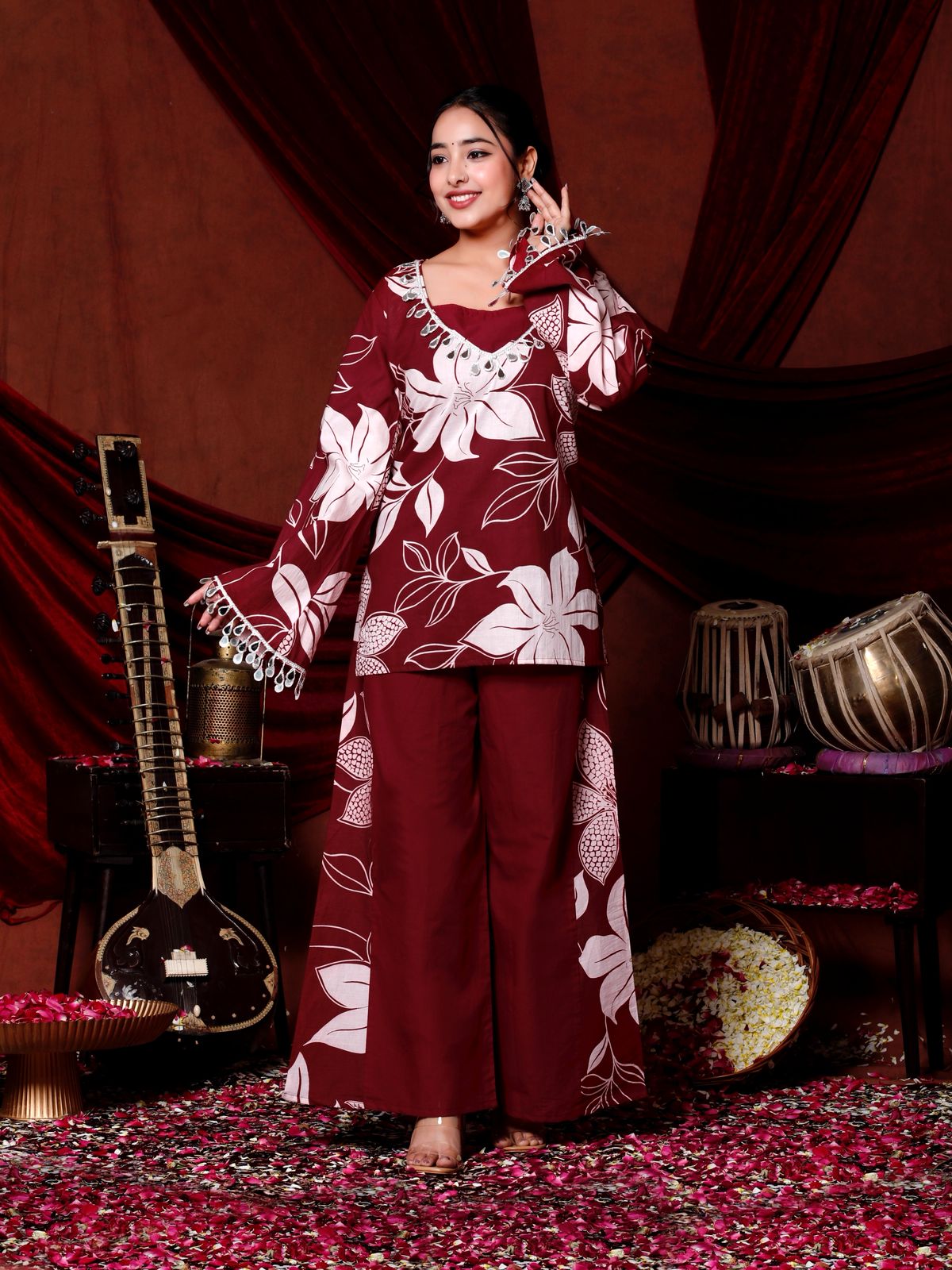 Festive Elegance with this Stunning Maroon Floral Coord Set