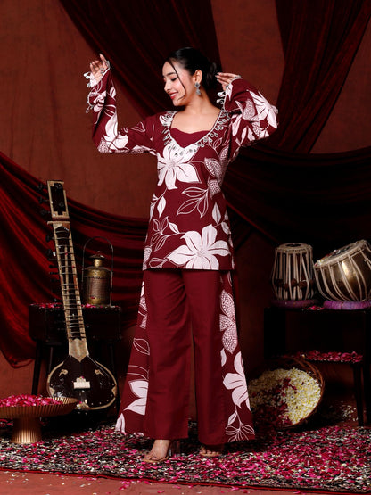 Festive Elegance with this Stunning Maroon Floral Coord Set