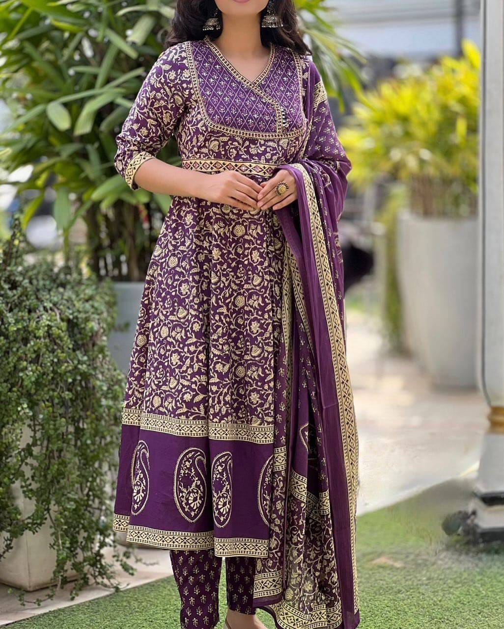 Royal Purple Printed Anarkali Suit Set with Dupatta, Ethnic Festive Wear for Women ( KT002 )