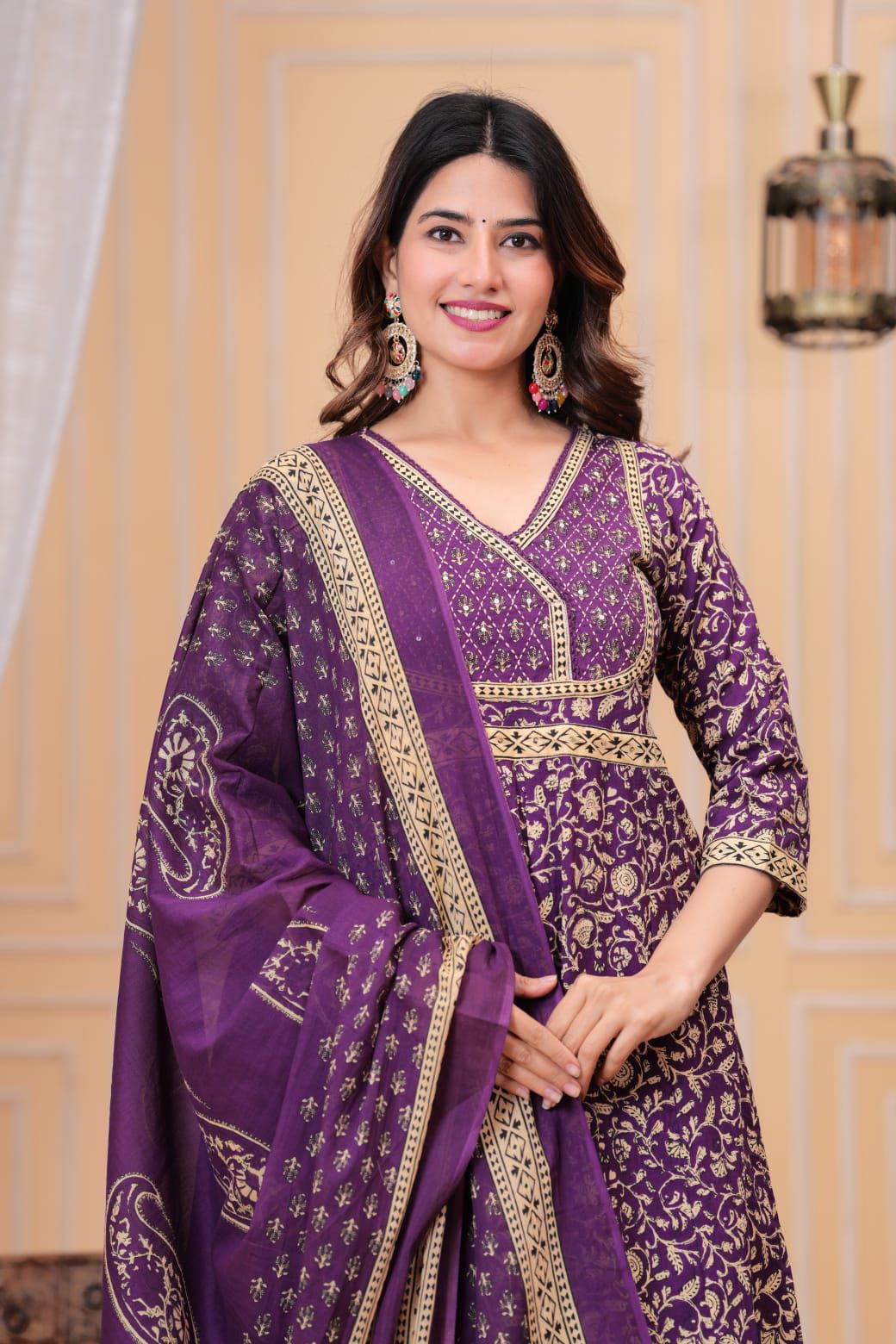 Royal Purple Printed Anarkali Suit Set with Dupatta, Ethnic Festive Wear for Women ( KT002 )