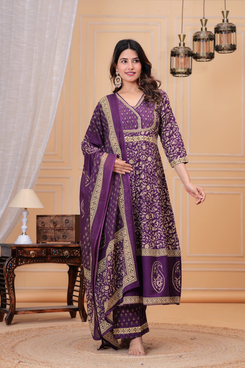 Royal Purple Printed Anarkali Suit Set with Dupatta, Ethnic Festive Wear for Women ( KT002 )