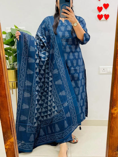 Premium Navy Blue Ethnic Suit Set with Unique Prints and Soft Dupatta (BMNM08)