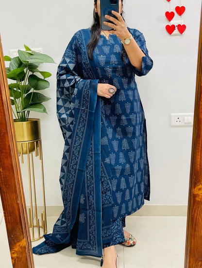 Premium Navy Blue Ethnic Suit Set with Unique Prints and Soft Dupatta (BMNM08)