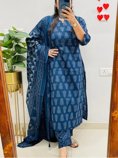 Premium Navy Blue Ethnic Suit Set with Unique Prints and Soft Dupatta (BMNM08)