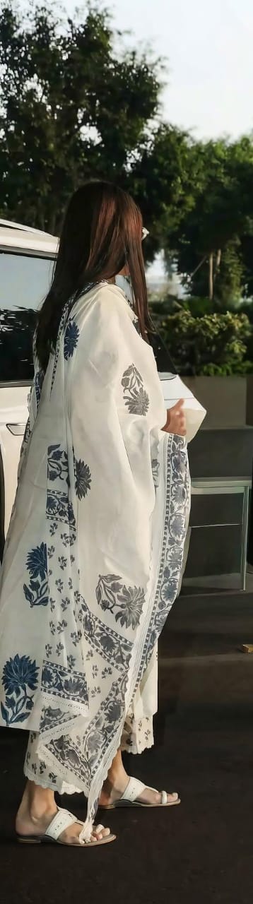 Elegant White & Blue Floral Printed Cotton Suit Set with Dupatta, Stylish Daily Wear