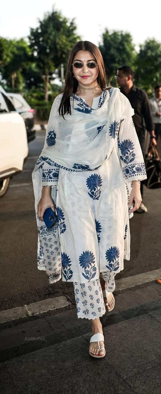 Elegant White & Blue Floral Printed Cotton Suit Set with Dupatta, Stylish Daily Wear