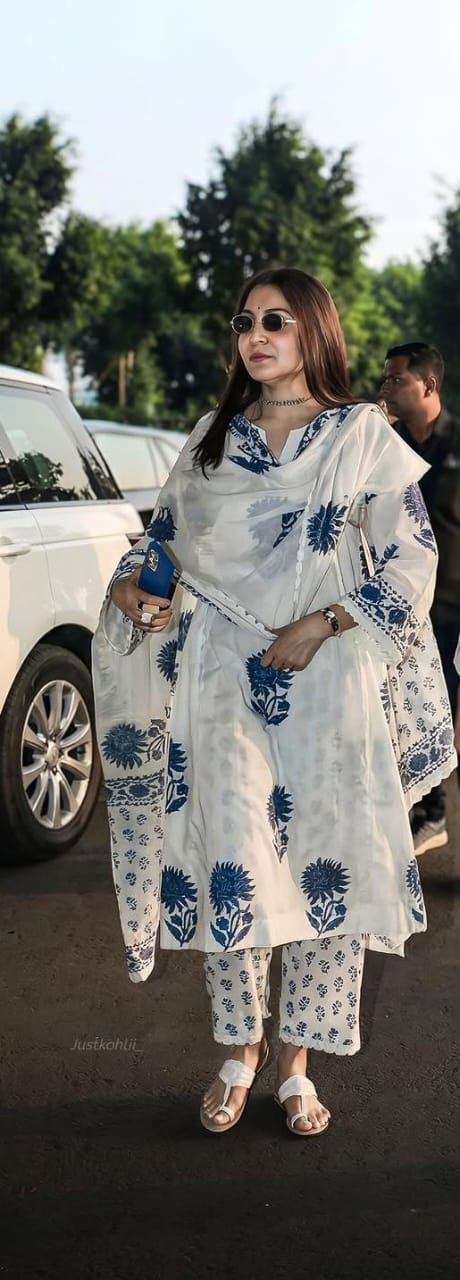 Elegant White & Blue Floral Printed Cotton Suit Set with Dupatta, Stylish Daily Wear