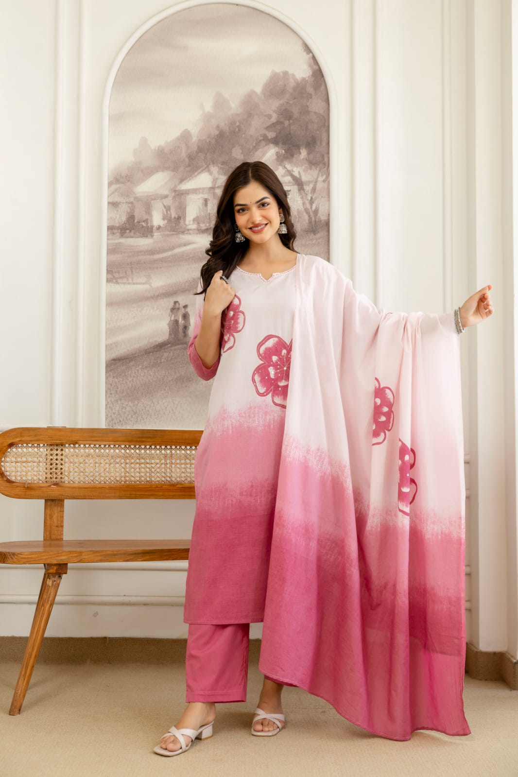 Elegant Blue Ombre Floral Printed Kurta Set with Dupatta – Stylish, Comfortable & Perfect for Everyday Ethnic Wear (BMSW01) (01)