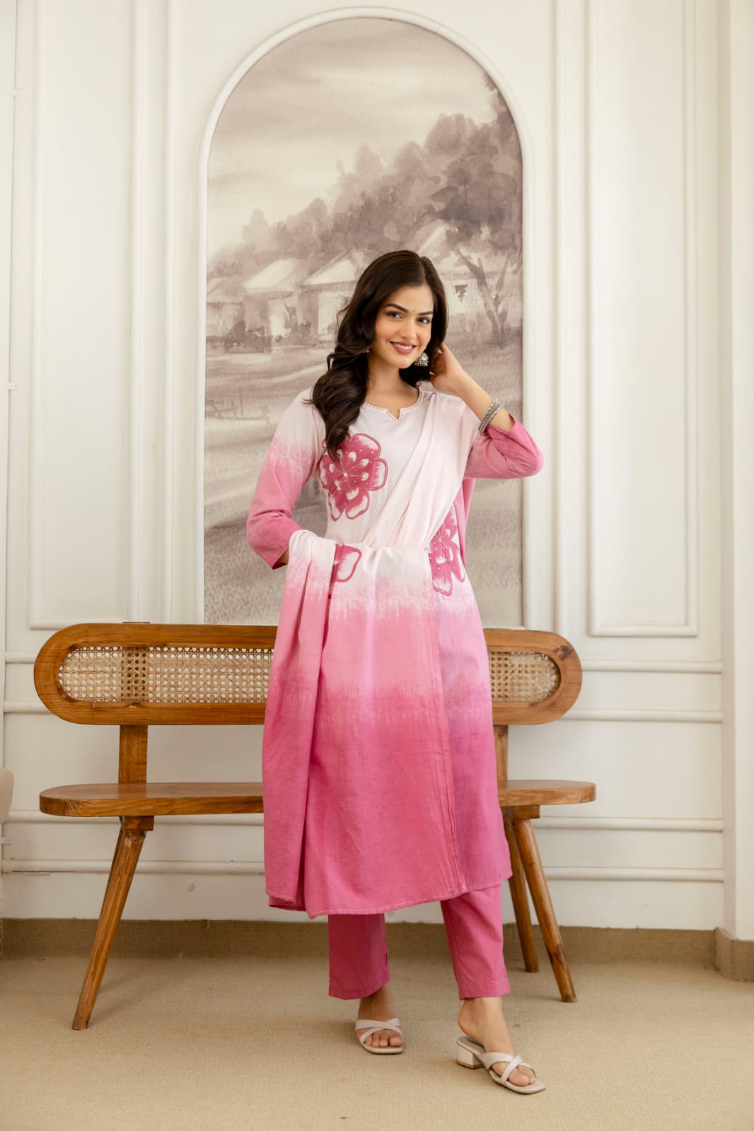Elegant Blue Ombre Floral Printed Kurta Set with Dupatta – Stylish, Comfortable & Perfect for Everyday Ethnic Wear (BMSW01) (01)