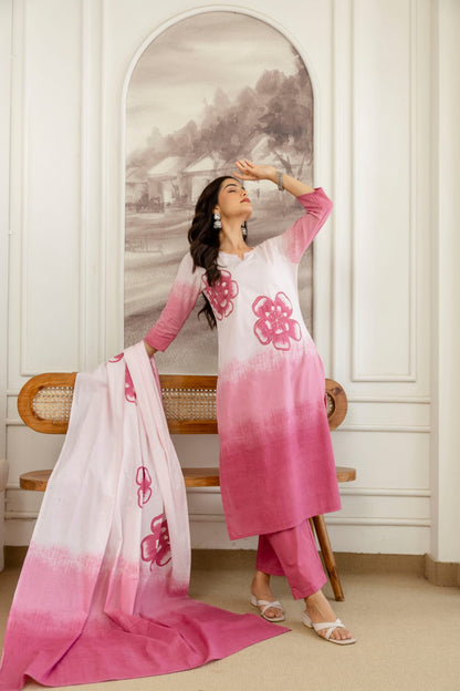 Elegant Blue Ombre Floral Printed Kurta Set with Dupatta – Stylish, Comfortable & Perfect for Everyday Ethnic Wear (BMSW01) (01)
