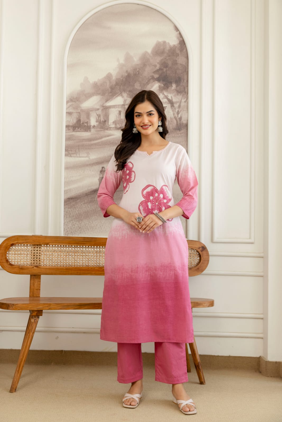 Elegant Blue Ombre Floral Printed Kurta Set with Dupatta – Stylish, Comfortable & Perfect for Everyday Ethnic Wear (BMSW01) (01)