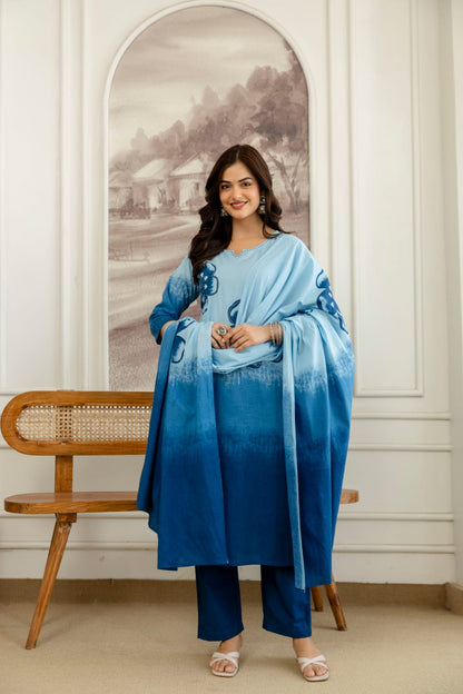 Elegant Blue Ombre Floral Printed Kurta Set with Dupatta – Stylish, Comfortable & Perfect for Everyday Ethnic Wear (BMSW01)