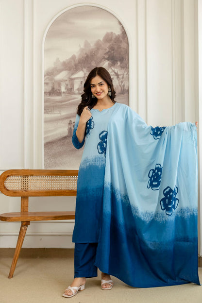 Elegant Blue Ombre Floral Printed Kurta Set with Dupatta – Stylish, Comfortable & Perfect for Everyday Ethnic Wear (BMSW01)