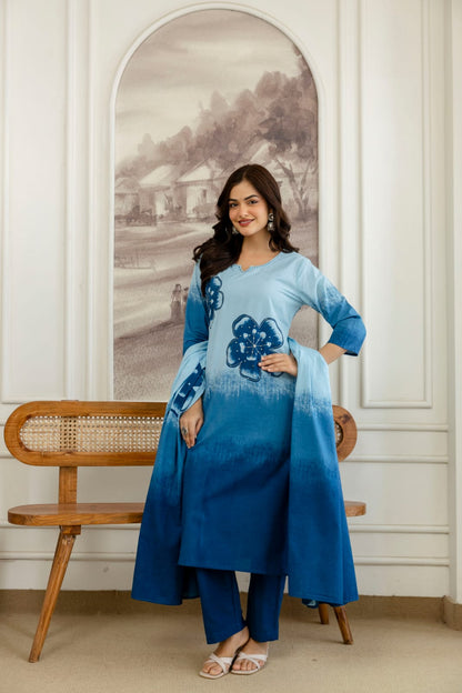 Elegant Blue Ombre Floral Printed Kurta Set with Dupatta – Stylish, Comfortable & Perfect for Everyday Ethnic Wear (BMSW01)