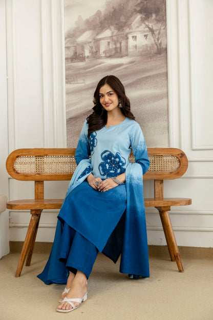Elegant Blue Ombre Floral Printed Kurta Set with Dupatta – Stylish, Comfortable & Perfect for Everyday Ethnic Wear (BMSW01)