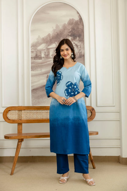 Elegant Blue Ombre Floral Printed Kurta Set with Dupatta – Stylish, Comfortable & Perfect for Everyday Ethnic Wear (BMSW01)