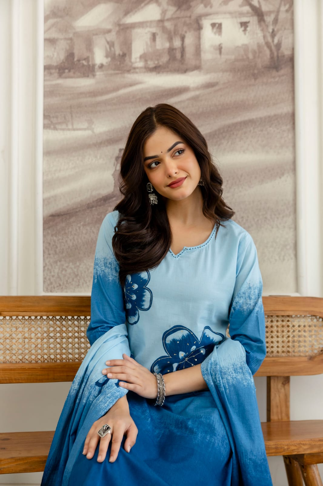 Elegant Blue Ombre Floral Printed Kurta Set with Dupatta – Stylish, Comfortable & Perfect for Everyday Ethnic Wear (BMSW01)