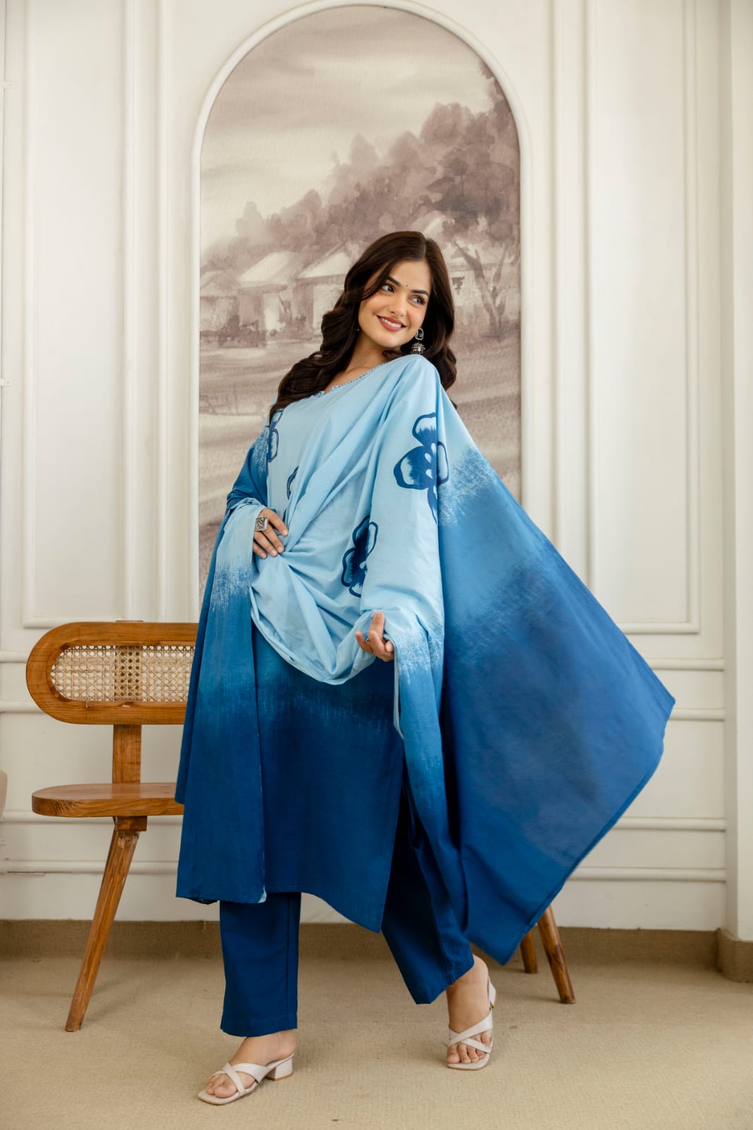 Elegant Blue Ombre Floral Printed Kurta Set with Dupatta – Stylish, Comfortable & Perfect for Everyday Ethnic Wear (BMSW01)