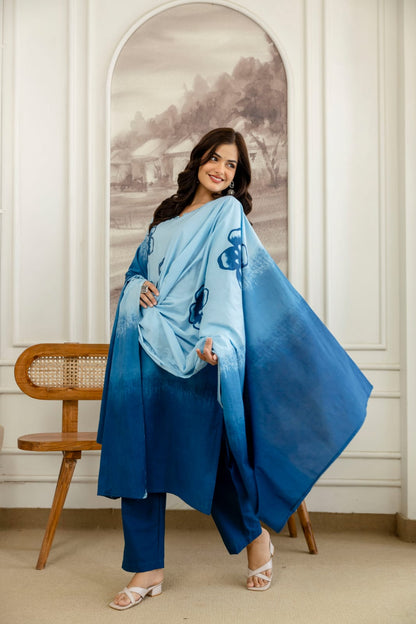 Elegant Blue Ombre Floral Printed Kurta Set with Dupatta – Stylish, Comfortable & Perfect for Everyday Ethnic Wear (BMSW01)