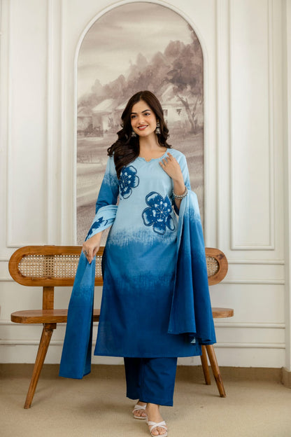 Elegant Blue Ombre Floral Printed Kurta Set with Dupatta – Stylish, Comfortable & Perfect for Everyday Ethnic Wear (BMSW01)