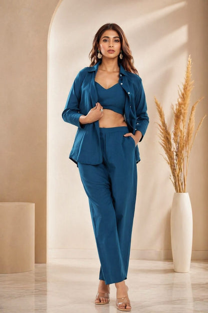 Chic Teal Co-Ord Set with Crop Top, Shirt & Trousers – Modern, Stylish and Perfect for Casual to Party Wear Looks (NAMA01)