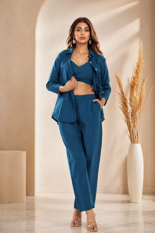 Chic Teal Co-Ord Set with Crop Top, Shirt & Trousers – Modern, Stylish and Perfect for Casual to Party Wear Looks (NAMA01)