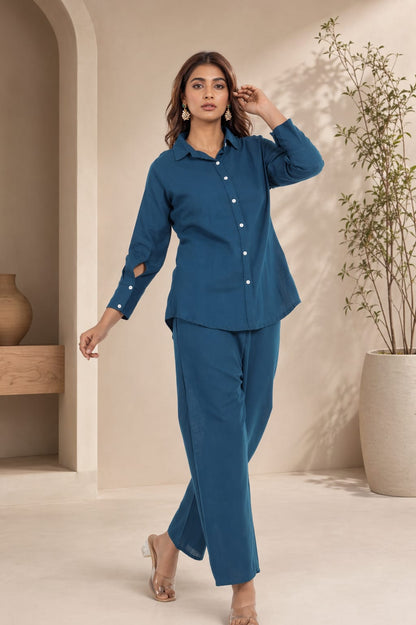 Chic Teal Co-Ord Set with Crop Top, Shirt & Trousers – Modern, Stylish and Perfect for Casual to Party Wear Looks (NAMA01)