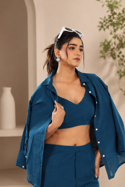 Chic Teal Co-Ord Set with Crop Top, Shirt & Trousers – Modern, Stylish and Perfect for Casual to Party Wear Looks (NAMA01)