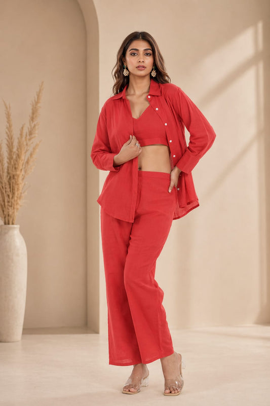 Bold Red Co-Ord Set with Crop Top, Shirt & Wide Leg Pants – Trendy, Confident and Perfect for Party & Casual Chic Looks (NAMA01) (01)