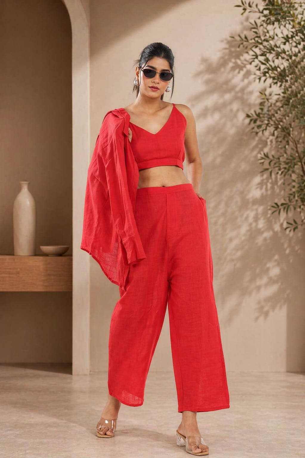 Bold Red Co-Ord Set with Crop Top, Shirt & Wide Leg Pants – Trendy, Confident and Perfect for Party & Casual Chic Looks (NAMA01) (01)