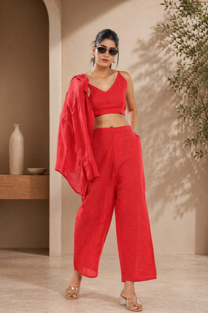 Bold Red Co-Ord Set with Crop Top, Shirt & Wide Leg Pants – Trendy, Confident and Perfect for Party & Casual Chic Looks (NAMA01) (01)