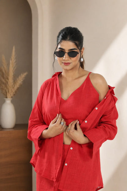 Bold Red Co-Ord Set with Crop Top, Shirt & Wide Leg Pants – Trendy, Confident and Perfect for Party & Casual Chic Looks (NAMA01) (01)