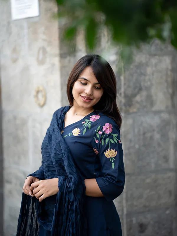Elegant Navy Blue Floral Embroidered Kurta Set with Dupatta – Sophisticated Ethnic Wear for Casual, Office and Festive Occasions (BMKHA01)